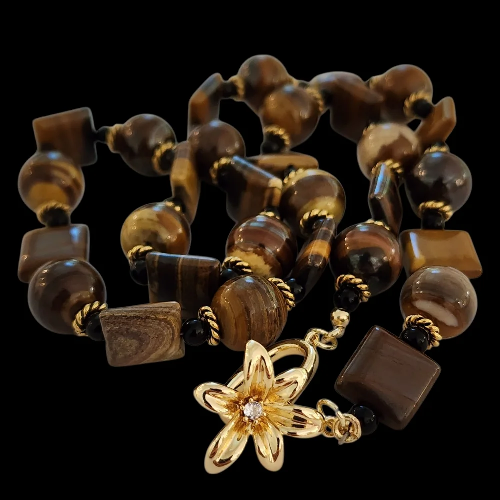 Cat's eye gemstones necklace 14k GP CZ flower clasp gold tigers eye L509 -Q5